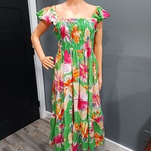 Girl Soul Green Floral Midi Dress - Smocked Bodice, Off-Shoulder Style
